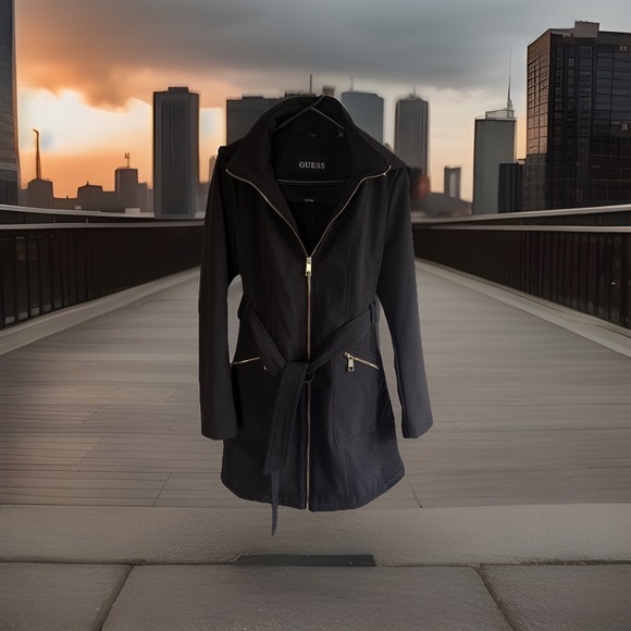 Guess Soft shell Black Women's Lightweight Hooded Jacket With Belt  Size M - Picture 6 of 16